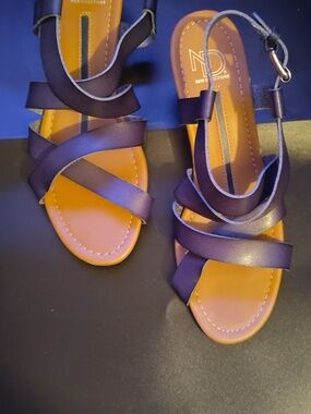 new directions Women's Navy Strappy Ankle Buckle Sandals